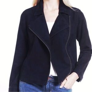 Eileen Fisher 100% Goat Suede Leather Moto Jacket Asymmetric Zip Navy Blue M